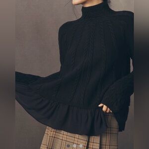 NWT Anthropologie Mock-Neck Sheer Mixed Media Sweater SIZE XXS Color: Black